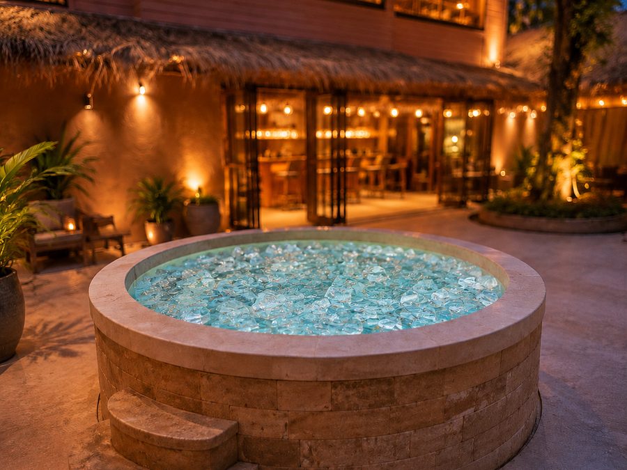The ice bath at PALM HOUSE, filled with ice, with the bar lit behind it