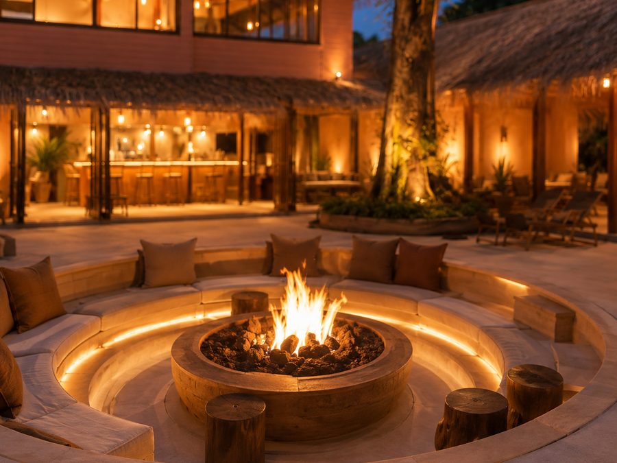 The fire pit lounge at PALM HOUSE at dusk, with the bar behind it